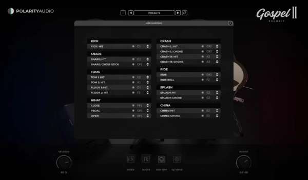 GOSPEL DRUM KIT II MIDI MAP